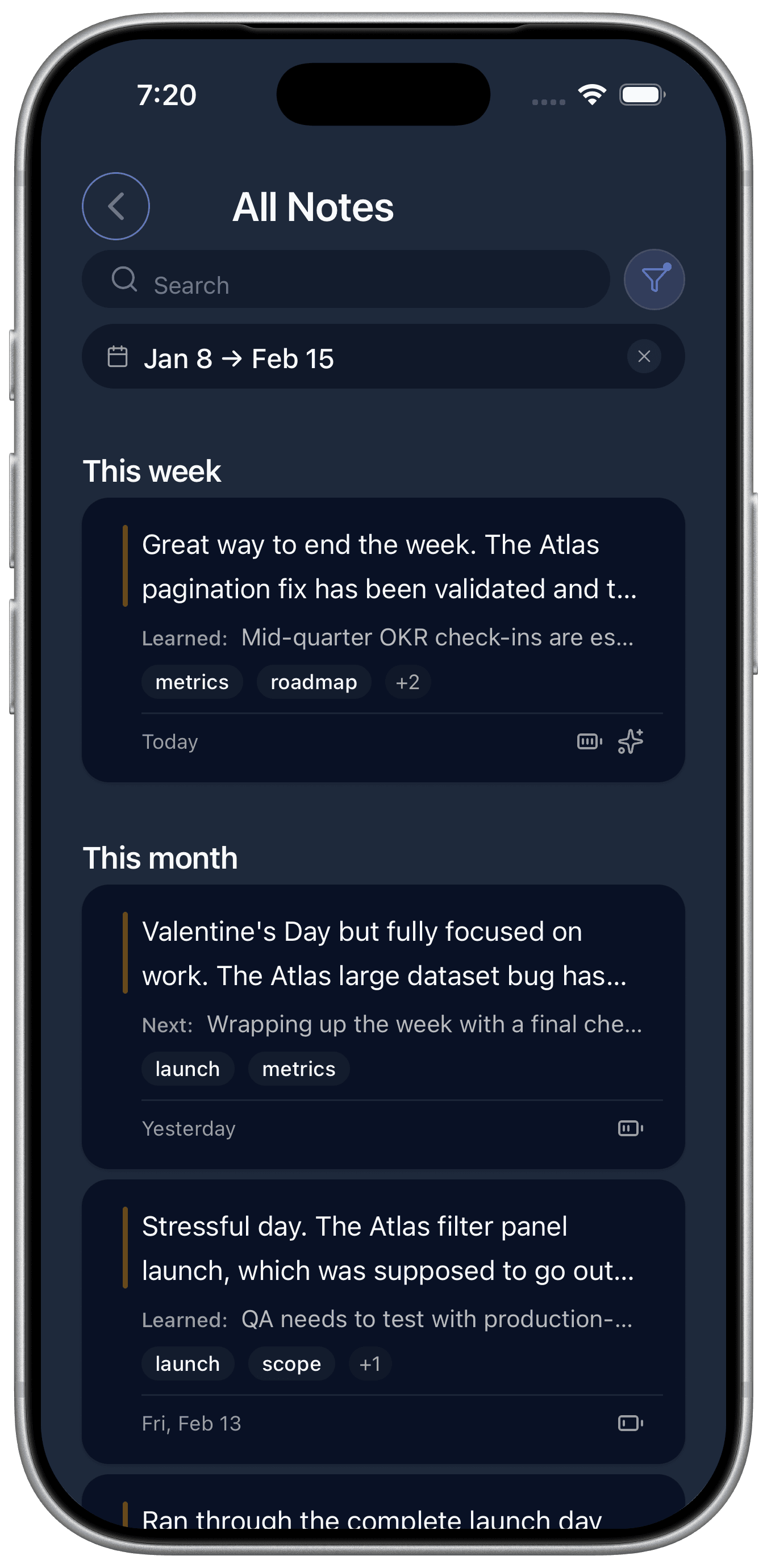 Searchable timeline of all notes with tags