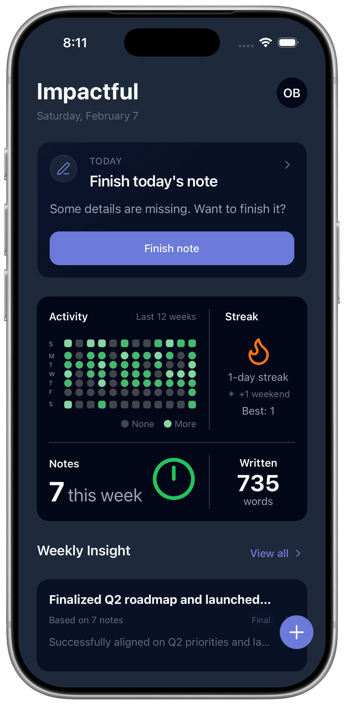 Impactful home screen with activity tracking