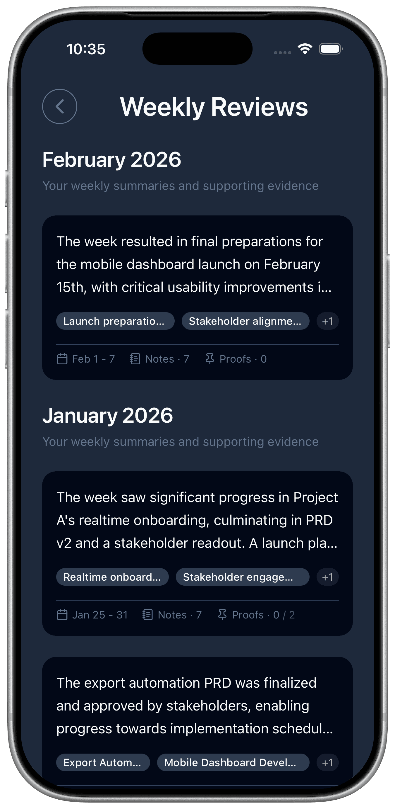 Growing archive of weekly reviews and track record